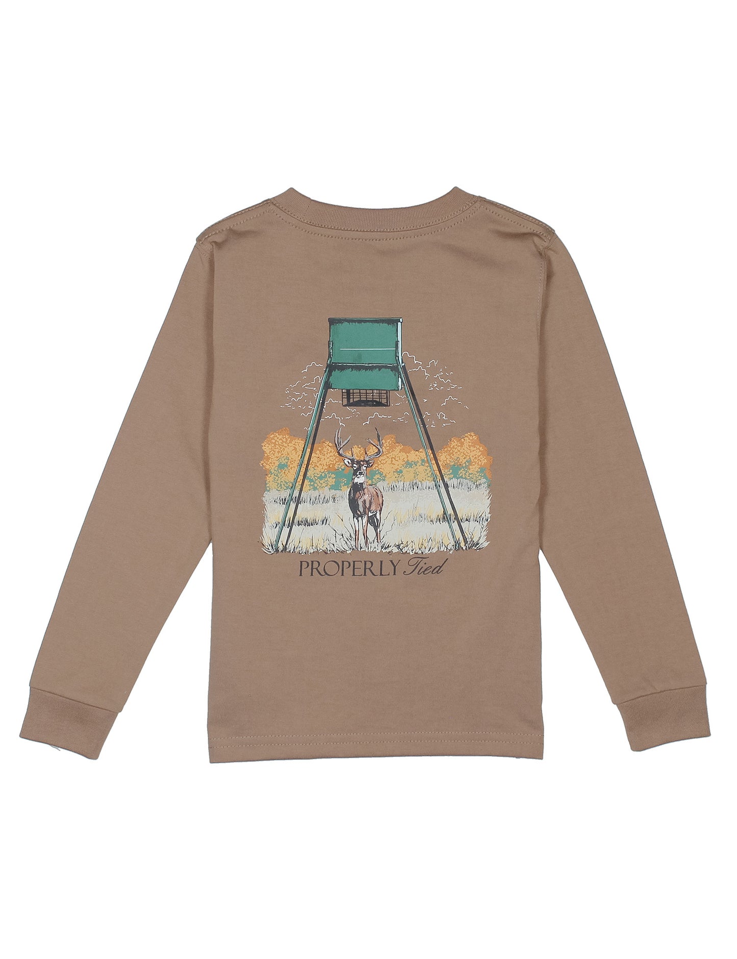 Brown long-sleeve shirt with a graphic of a deer and a stand on the back