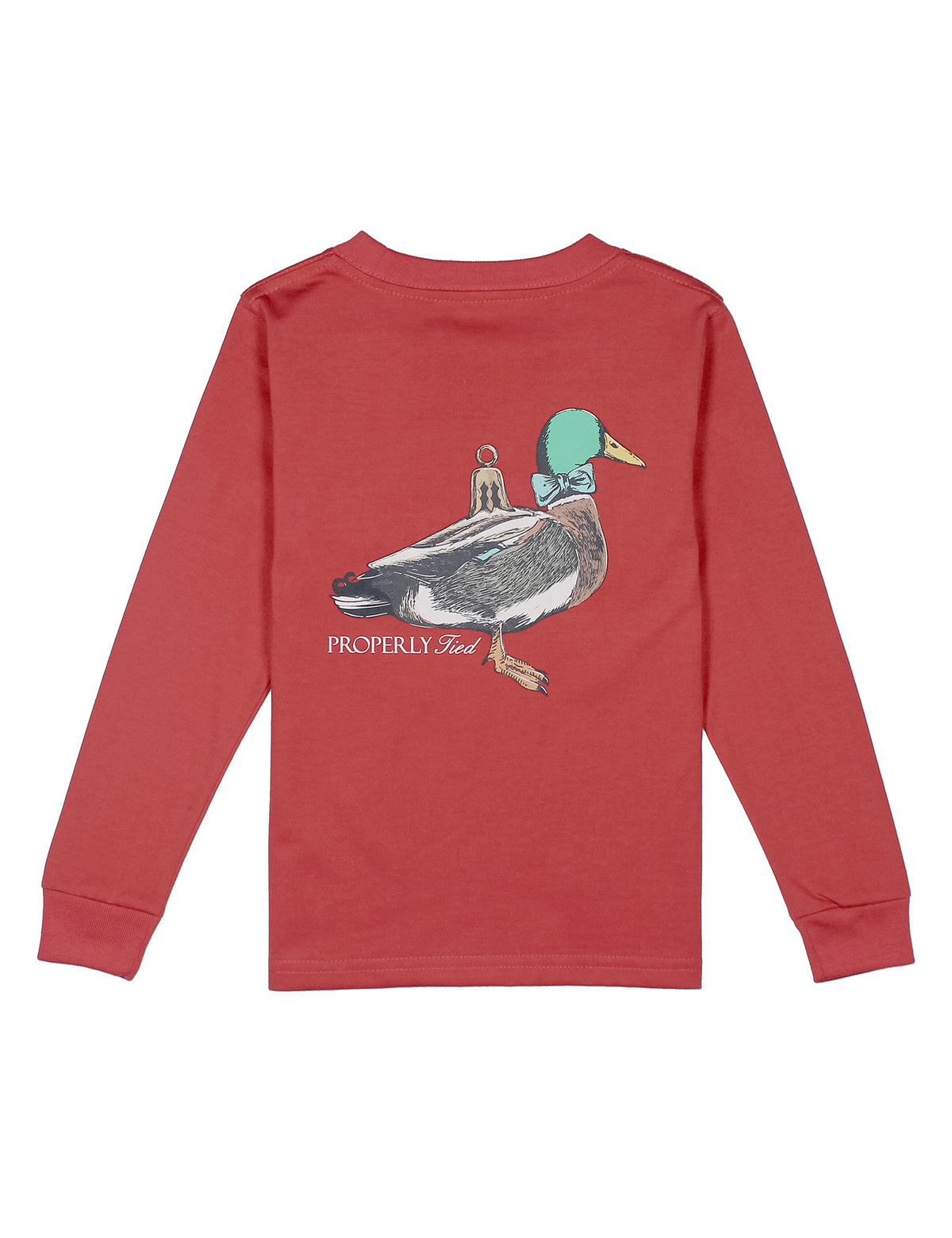 Red long-sleeve shirt with a duck ornament graphic on the back against a white background