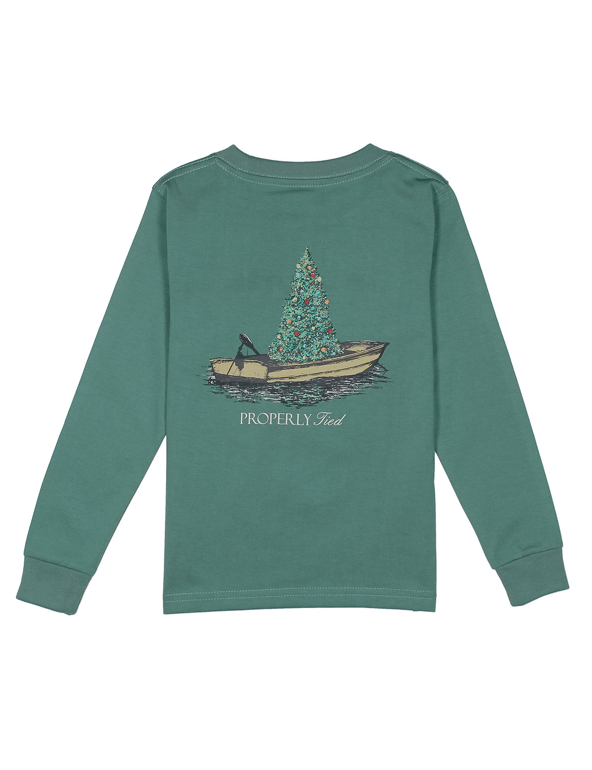 Green long-sleeve shirt with a boat and Christmas tree graphic on a white background