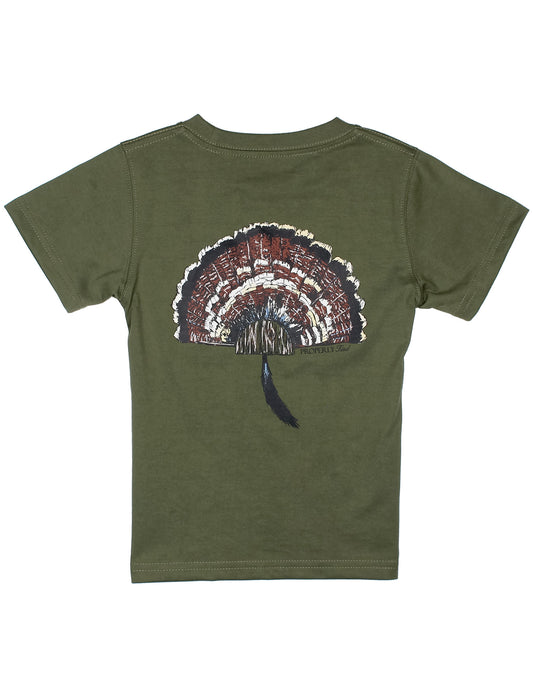 Green t-shirt with a turkey fan design