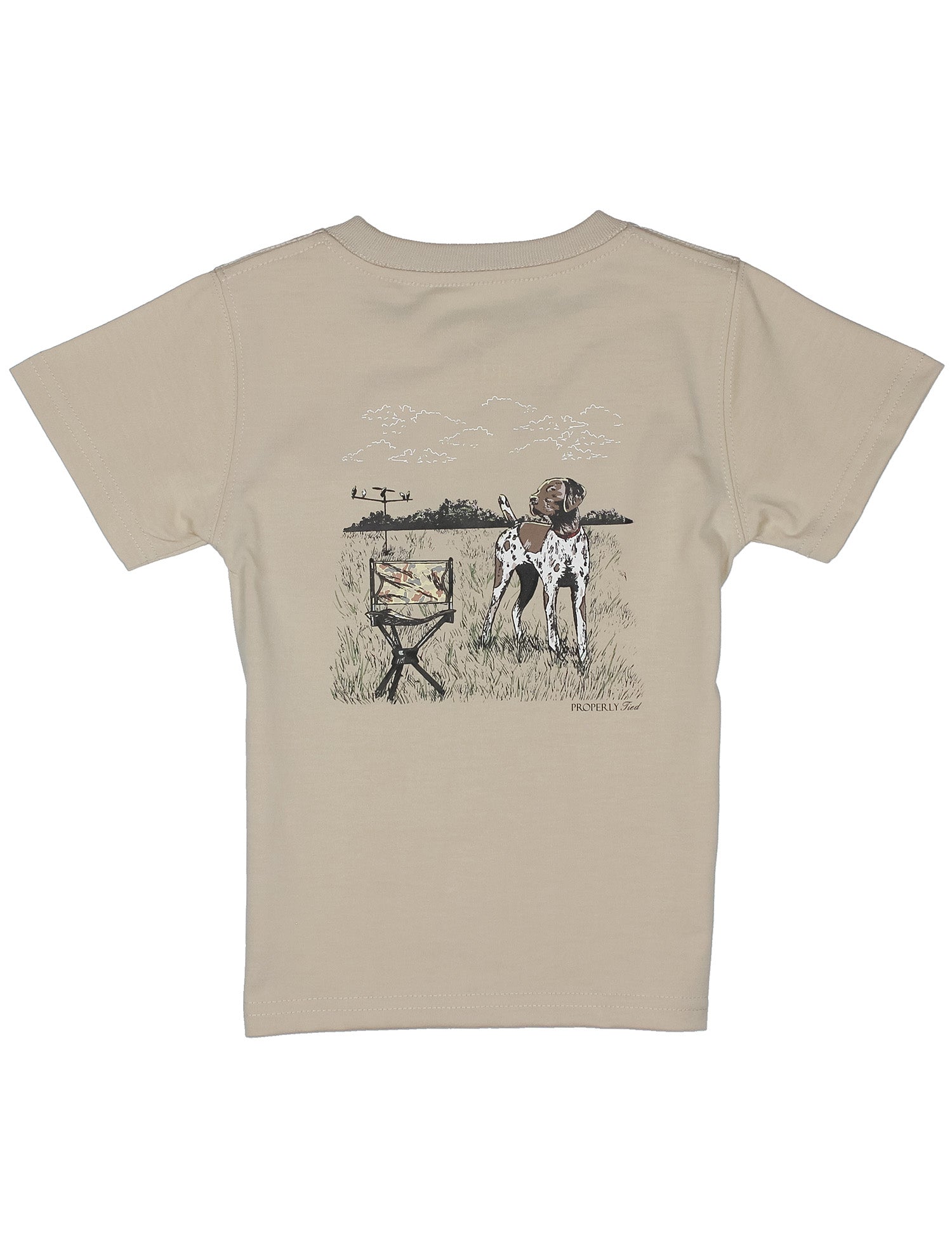 Tan shirt with pointer dog and camp chair 