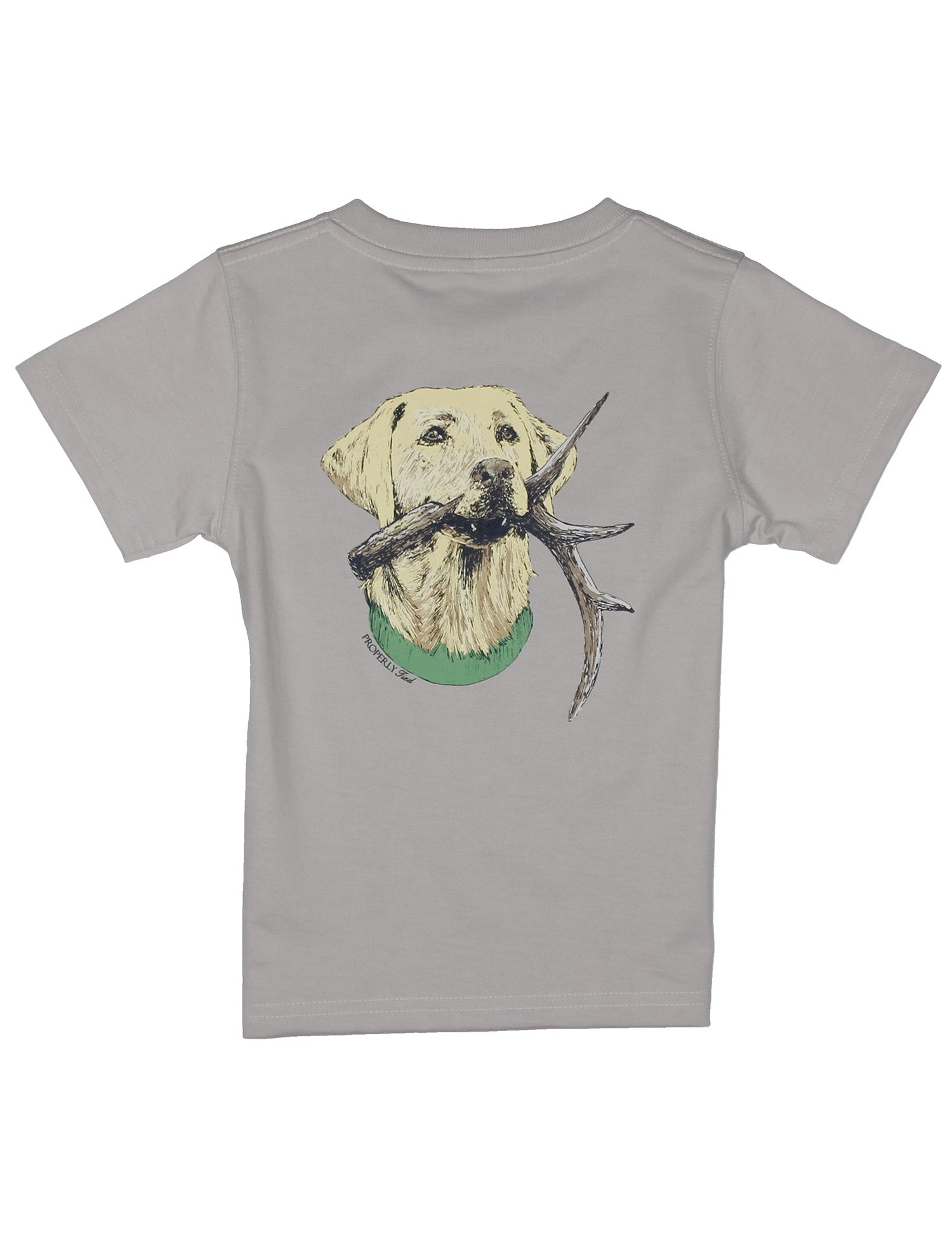 Gray t-shirt with a graphic of a dog holding deer antlers 