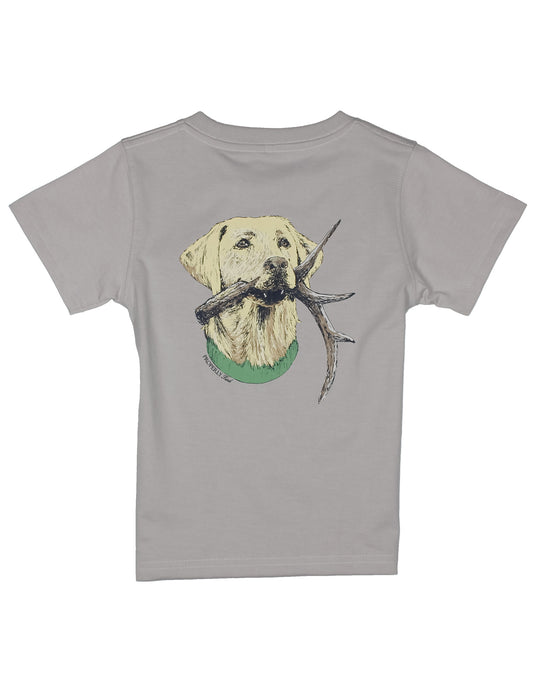 Gray t-shirt with a graphic of a dog holding deer antlers 