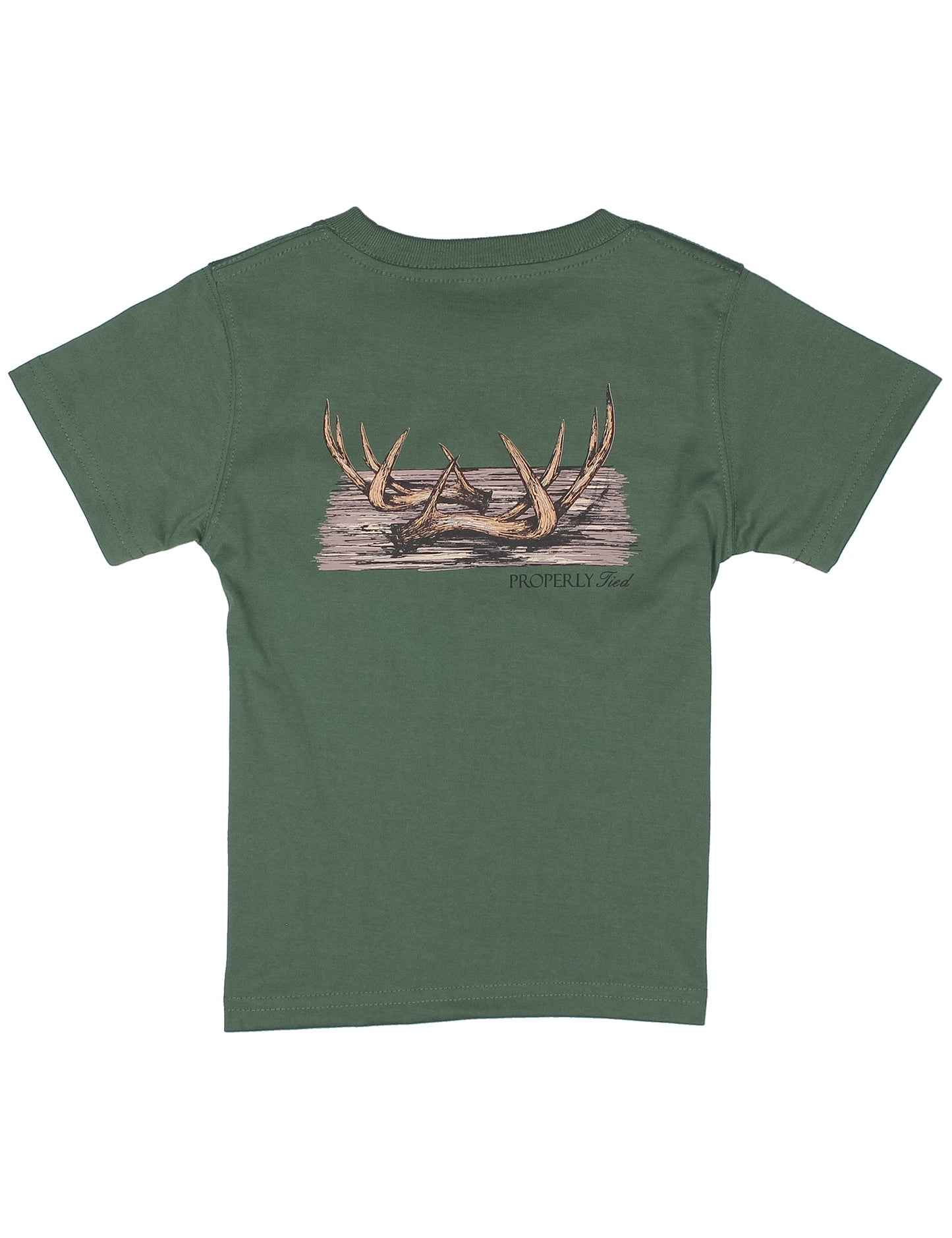 Green t-shirt with a deer antlers graphic 