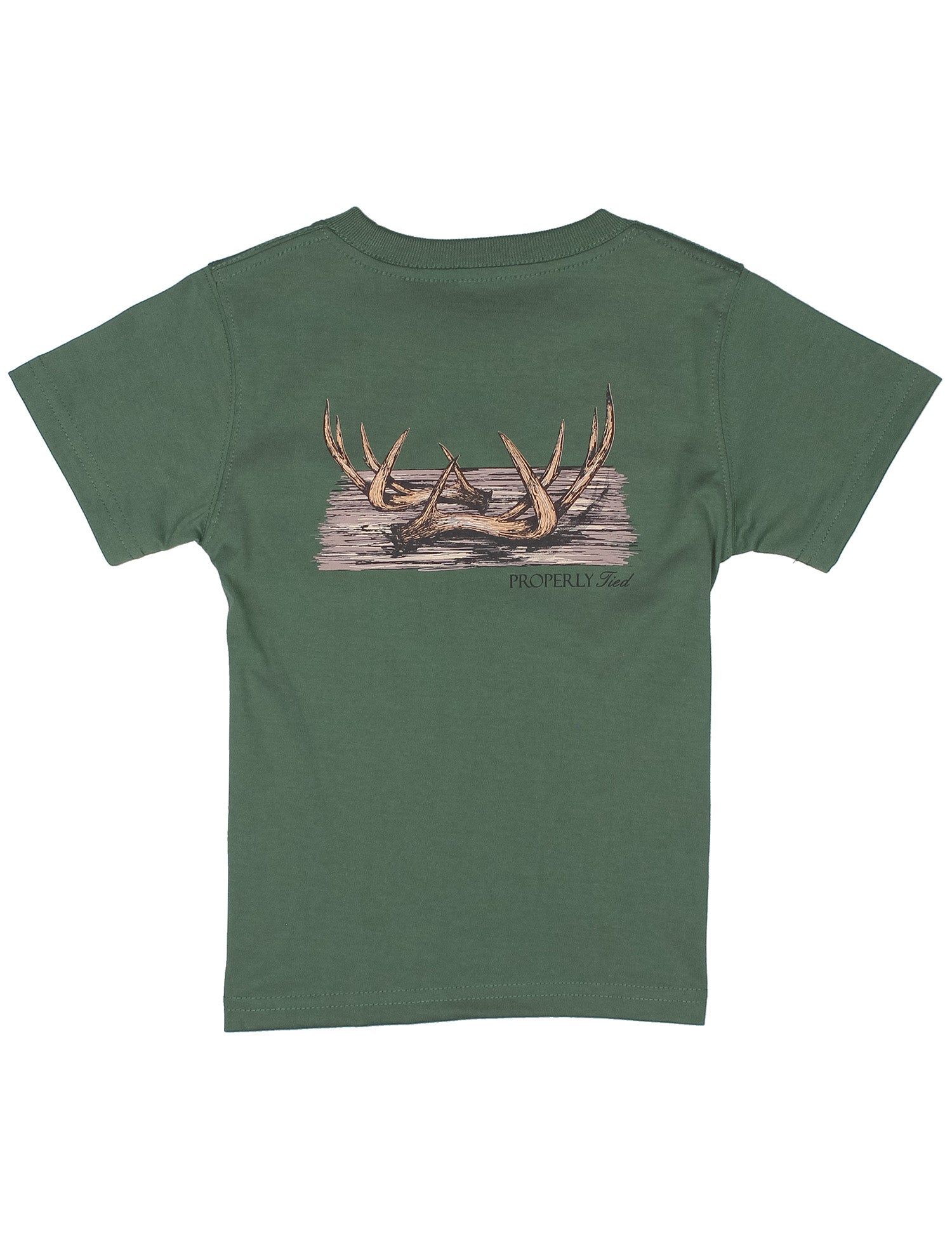 Green t-shirt with a deer antlers graphic 