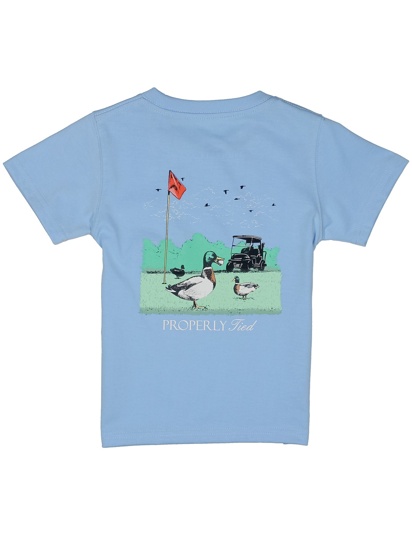 Light blue t-shirt with a golf-themed graphic on the back, featuring ducks and a golf cart.