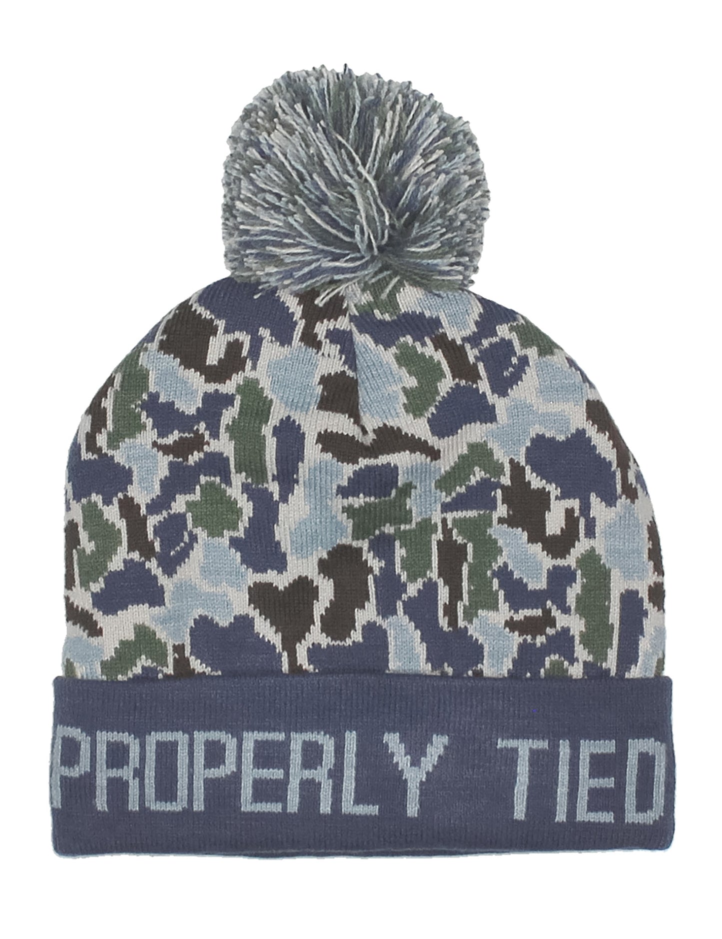 Camouflage patterned beanie with pom-pom and 'Properly Tied' text on a white background