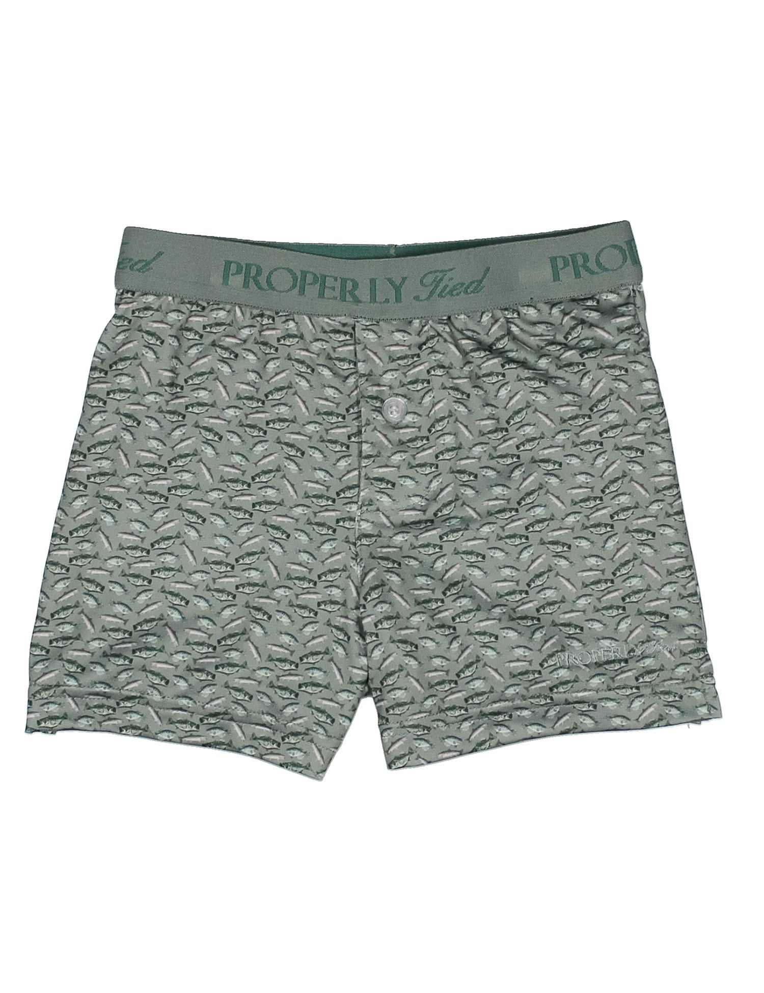 Green fish patterned boxer briefs with 'Properly Tied' waistband on a white background