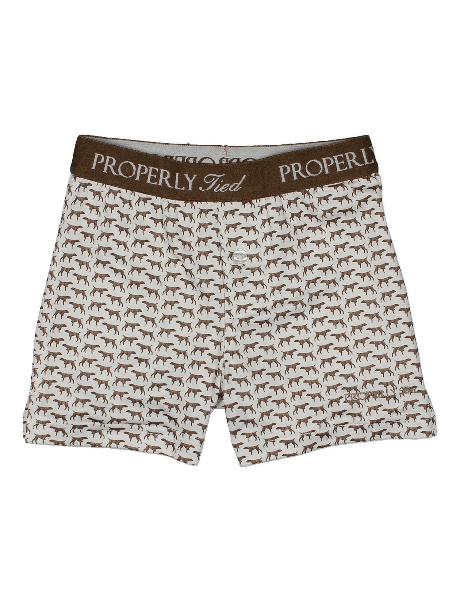 Boxer briefs with dog pattern and 'Properly Tied' branding on a white background