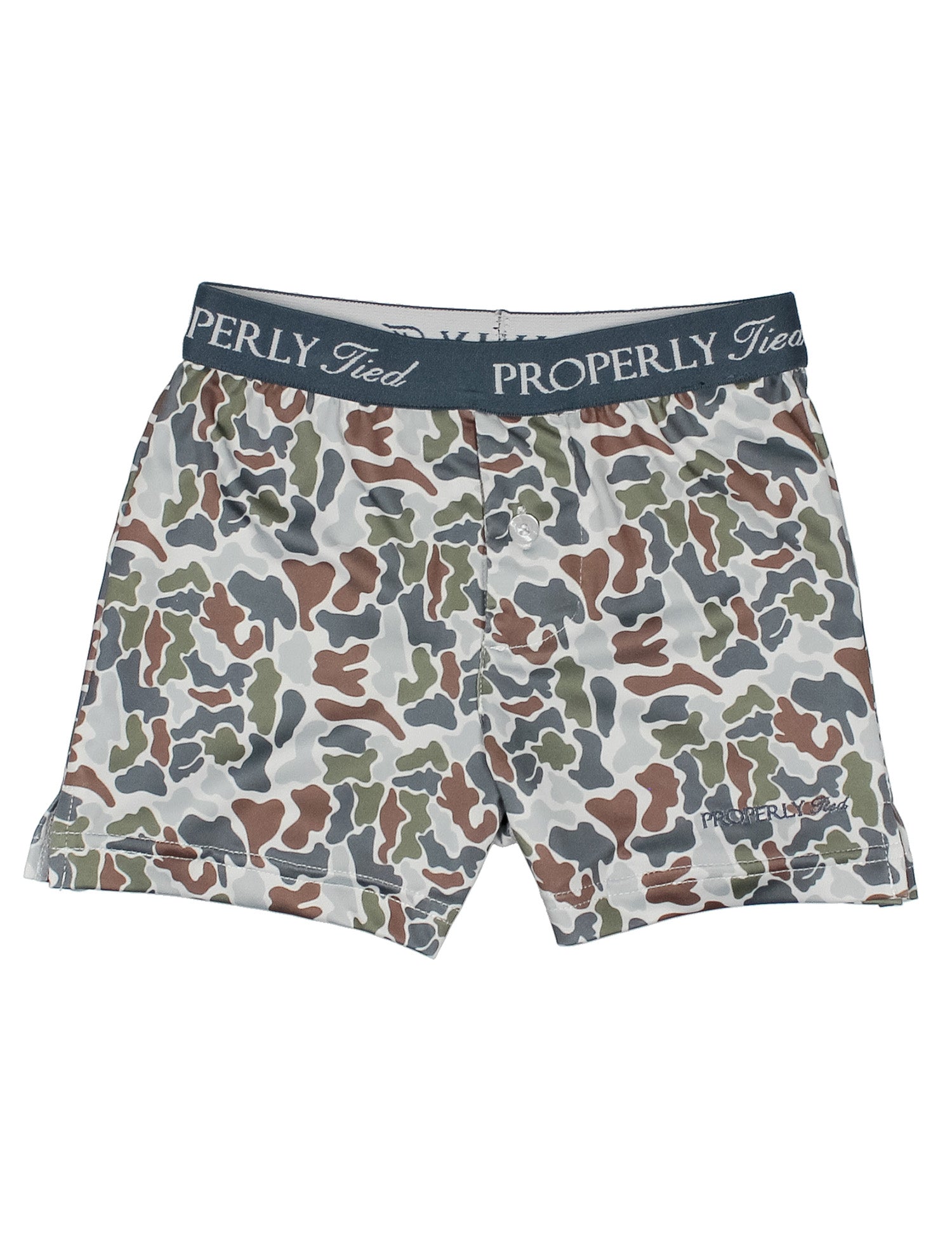 Camouflage-patterned underwear with 'Properly Tied' branding on a white background