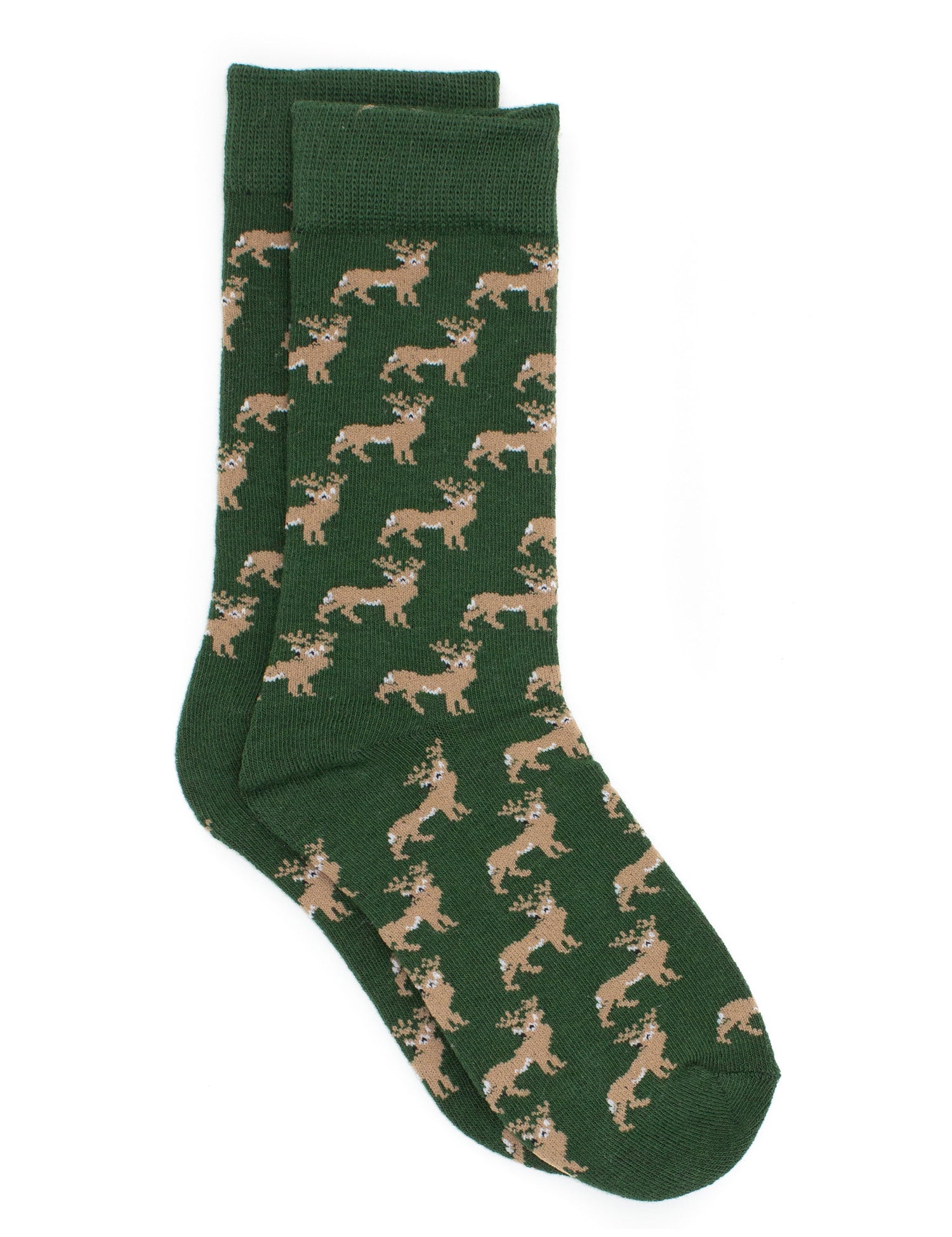 A pair of green socks with a pattern of whitetail deer on them.