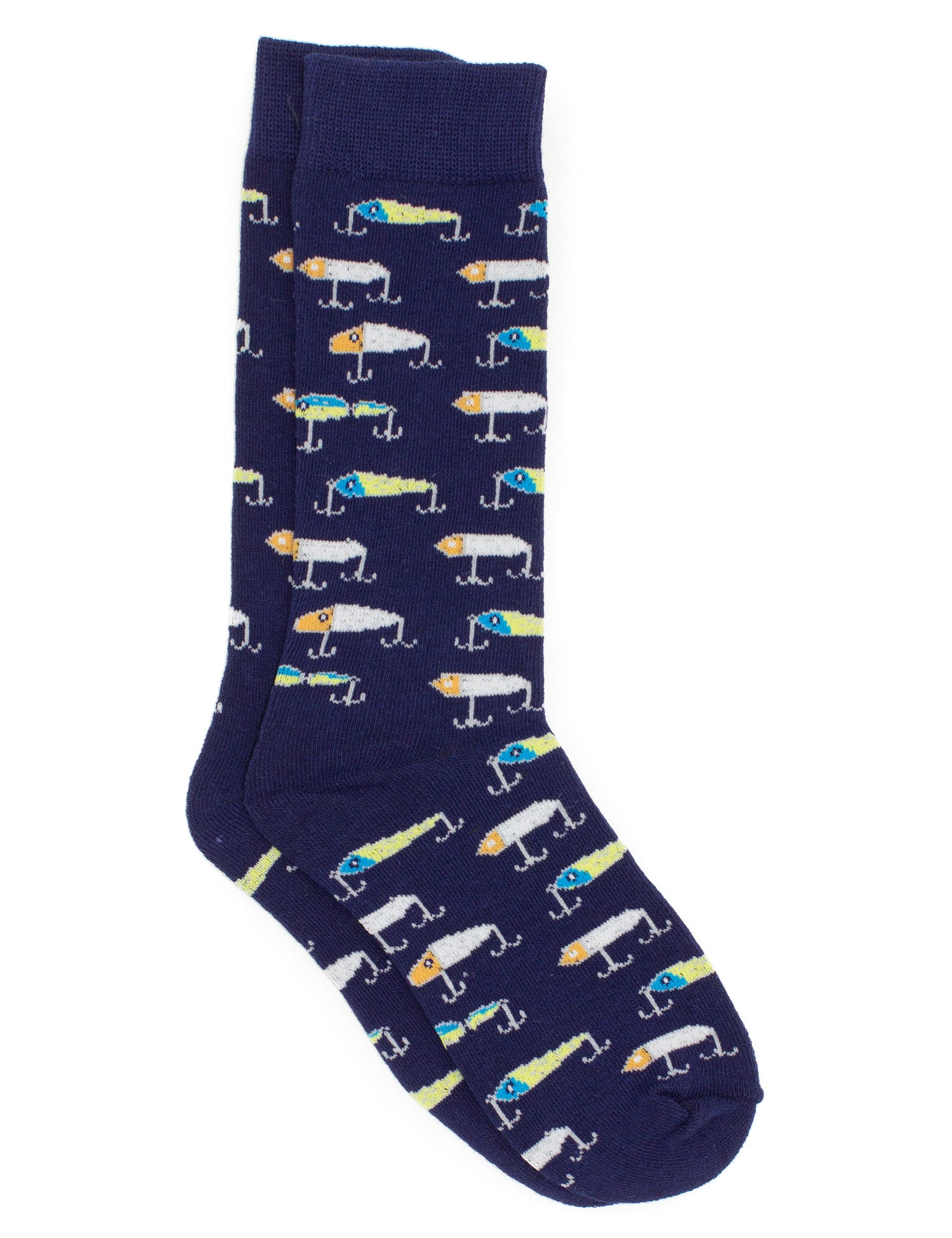 A pair of navy socks with a vintage lure design featuring various colors and patterns.