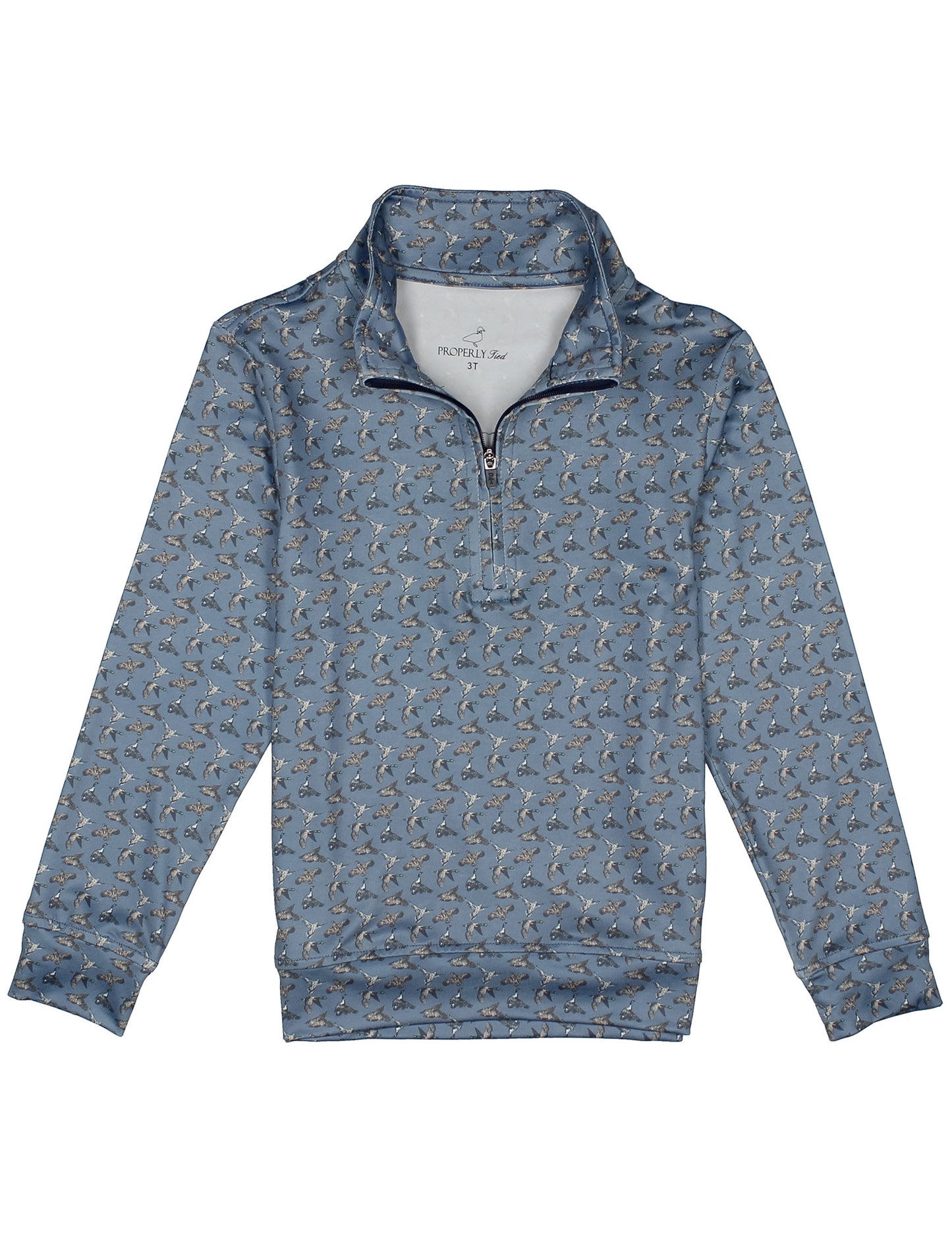 Blue patterned pullover with a flying duck pattern