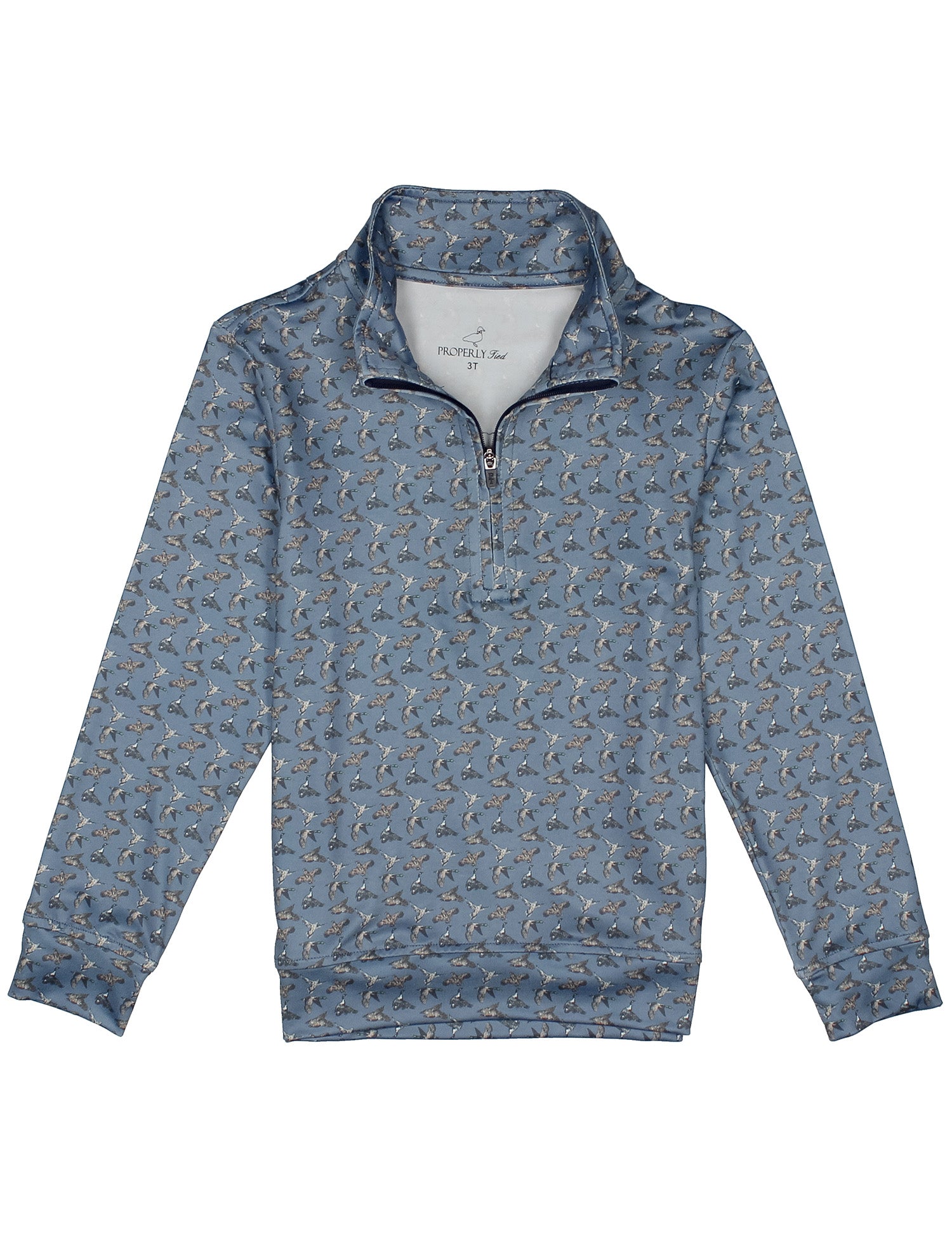 Blue patterned pullover with a flying duck pattern