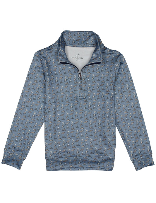 Blue patterned pullover with a flying duck pattern