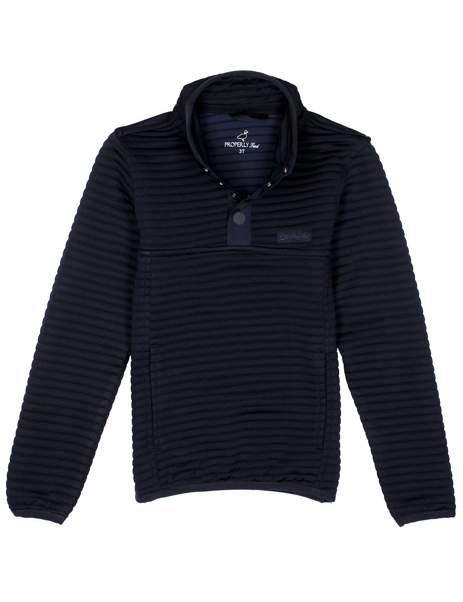 navy ribbed pullover with logo on chest