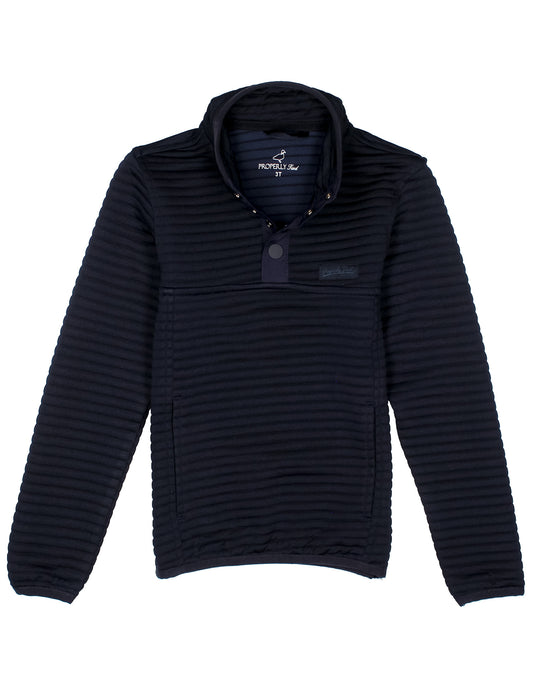 navy ribbed pullover with logo on chest