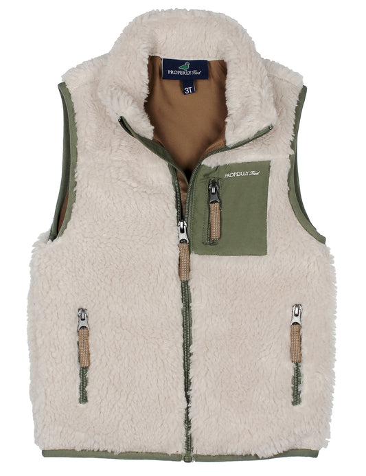 White fleece vest with green accents on a white background