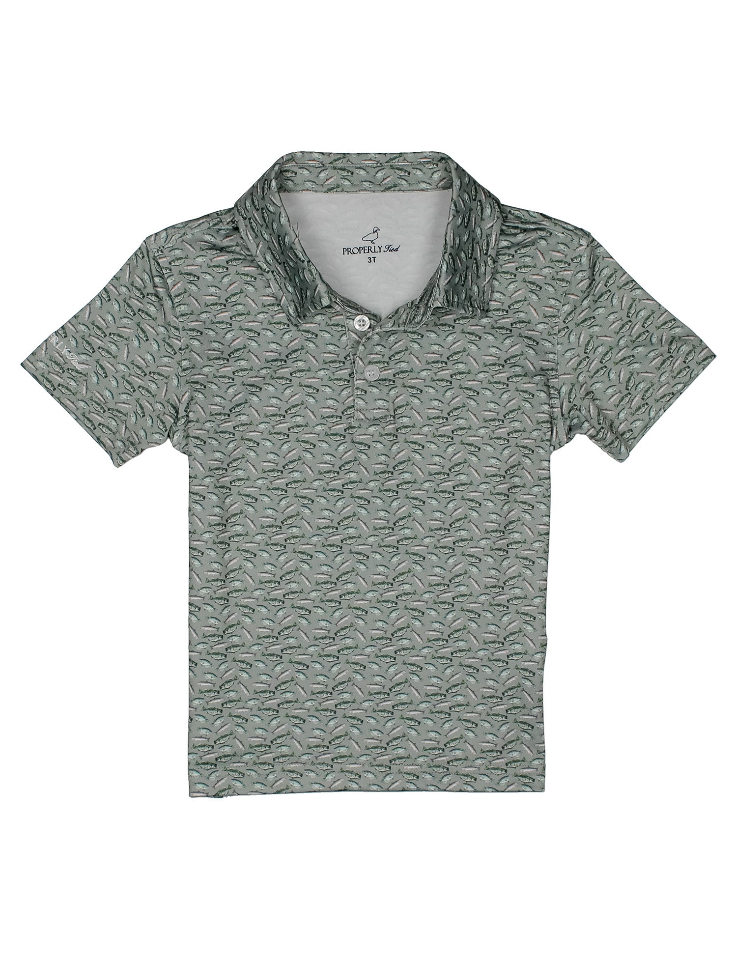 Green patterned polo shirt with fish pattern all over