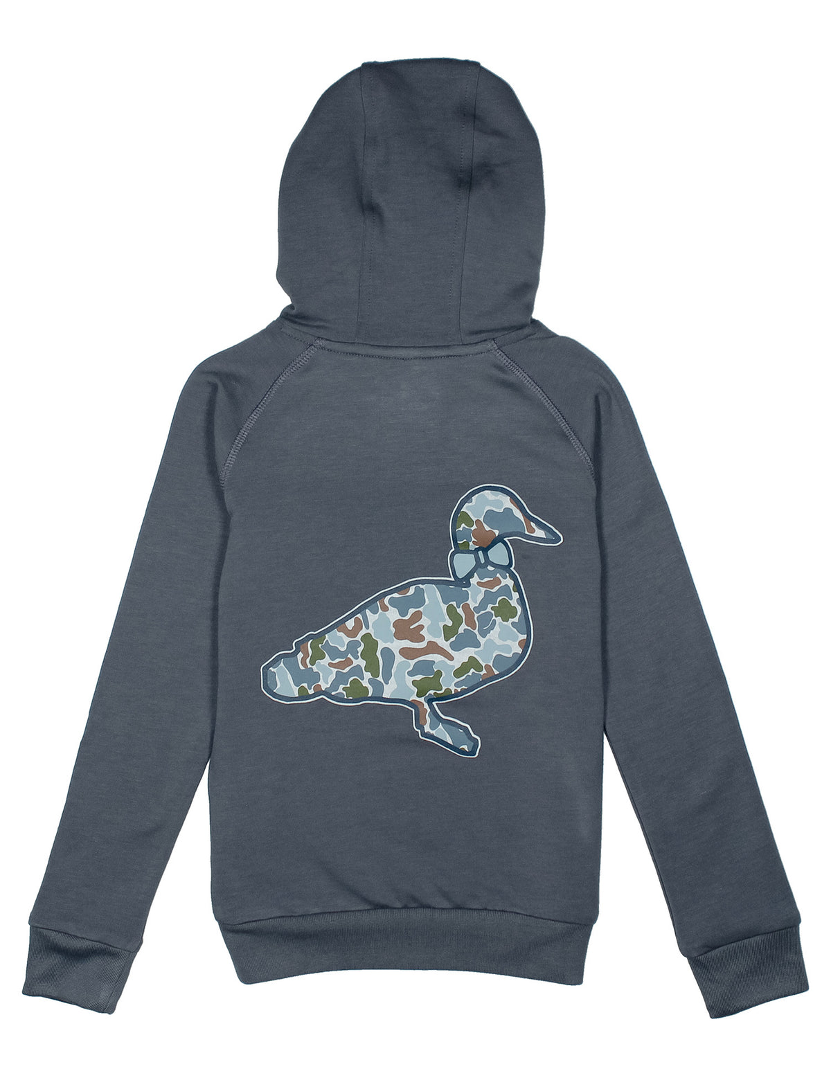 grey sweatshirt with duck design with camo inside