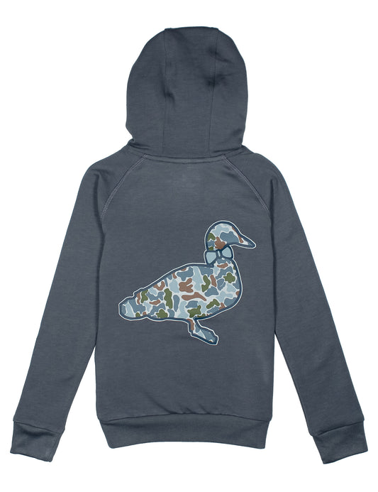 grey sweatshirt with duck design with camo inside