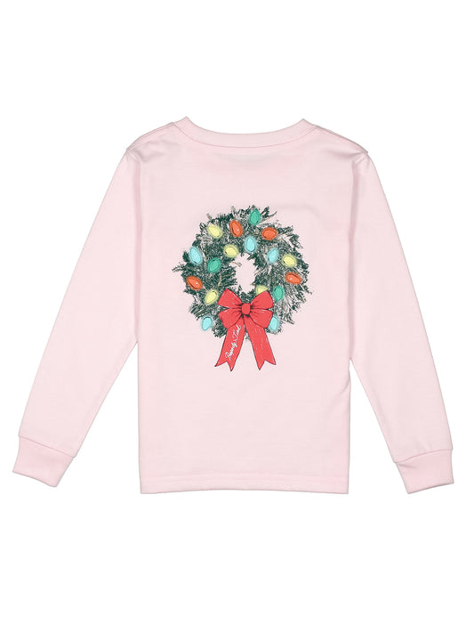 Pink long-sleeve shirt with a Christmas wreath design on a white background