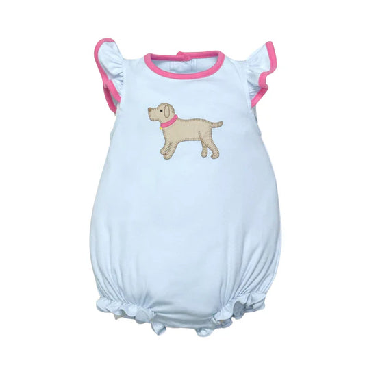Light blue bubble with pink trim and labrador applique.