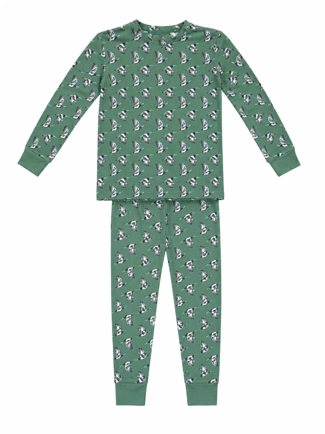 A two-piece children's pajama set in sage green, featuring a long-sleeve top and matching pants with an all-over small mallard duck design