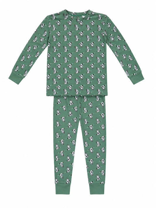 A two-piece children's pajama set in sage green, featuring a long-sleeve top and matching pants with an all-over small mallard duck design