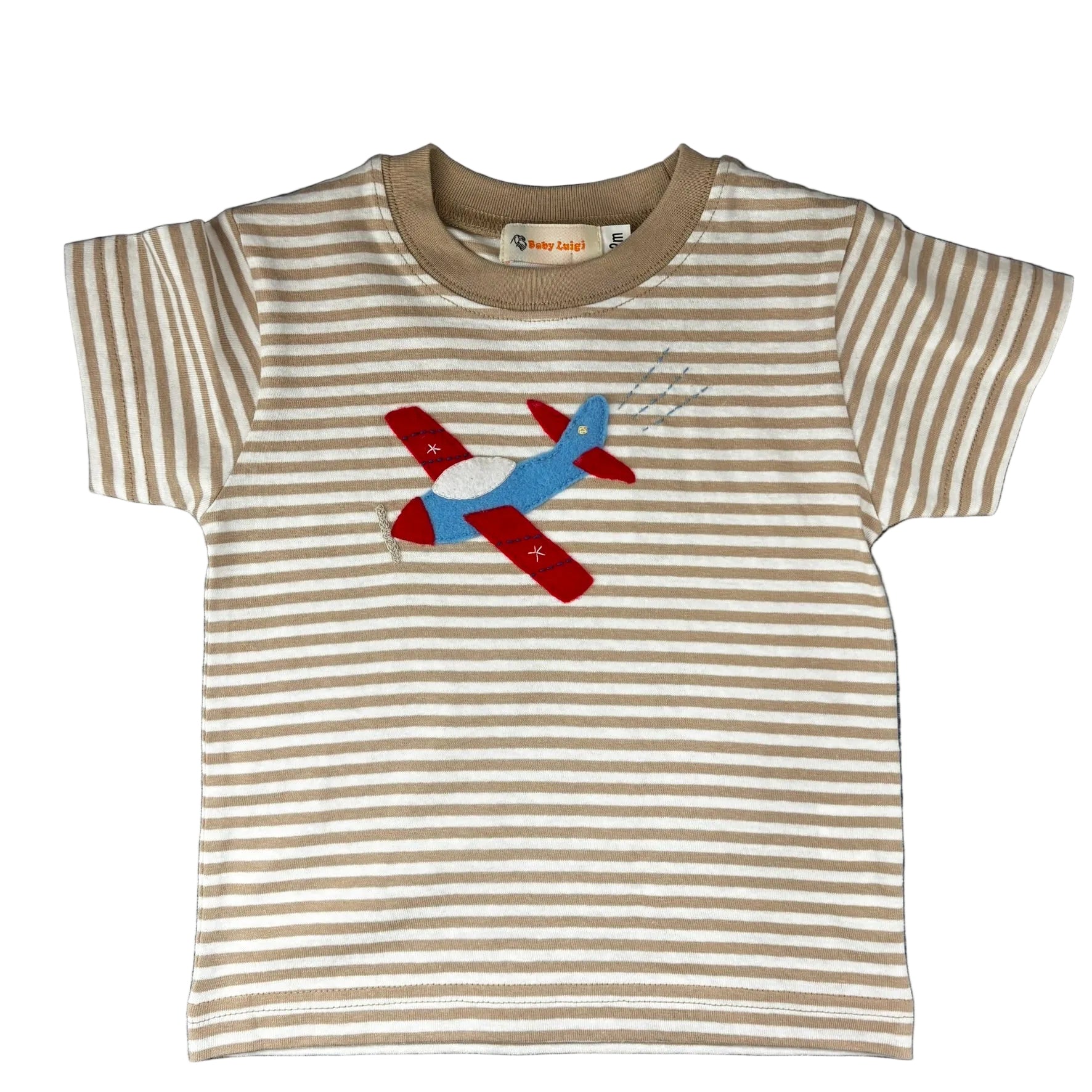 Tan striped short sleeve shirt with a red and blue airplane applique.