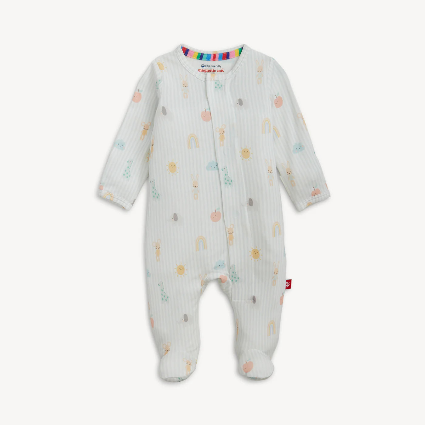 Pale blue striped footie with a nursery pattern.