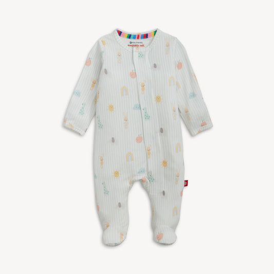 Pale blue striped footie with a nursery pattern.