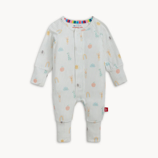 Pale blue striped coverall with nursery pattern.