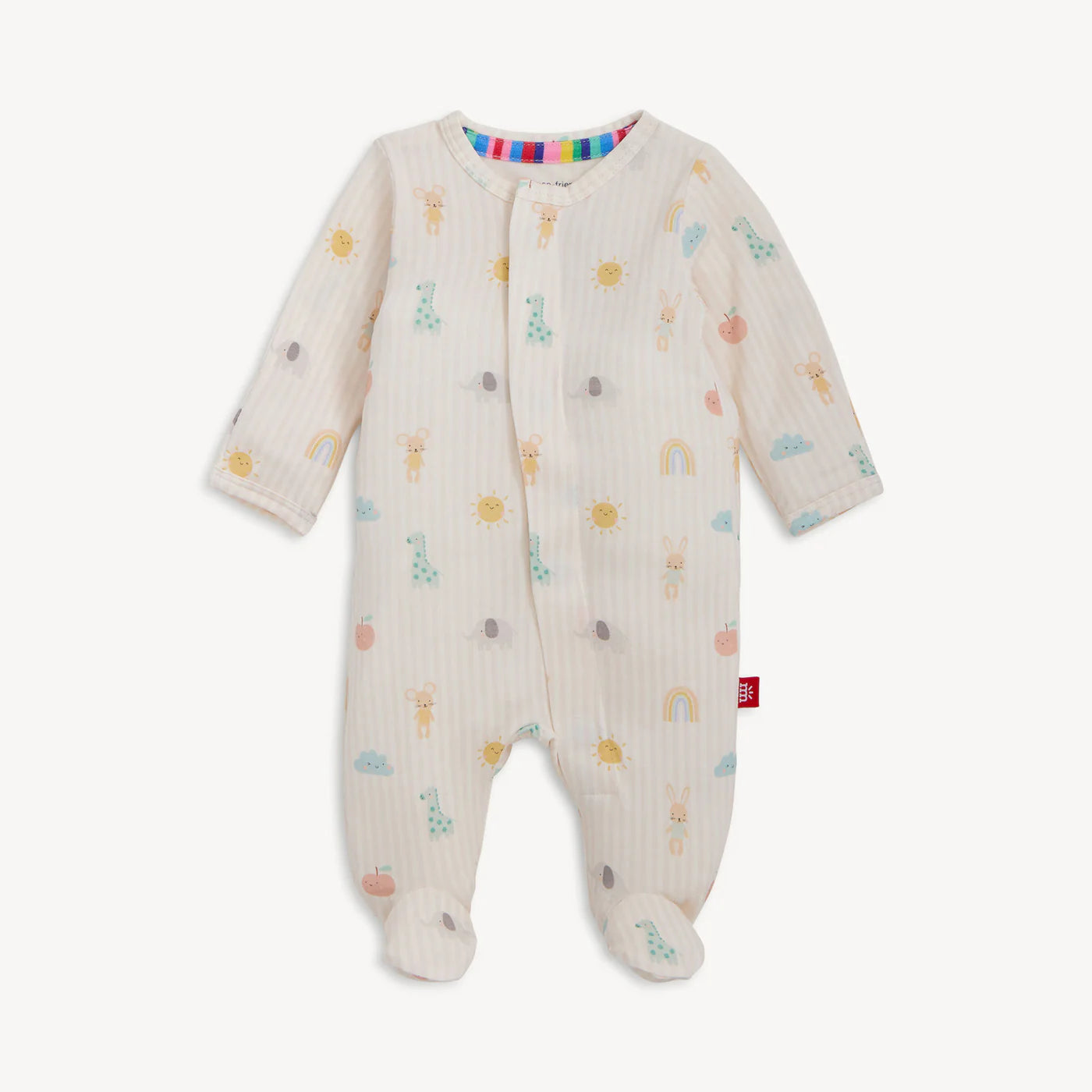 Pale pink striped magnetic footie with a nursery pattern.
