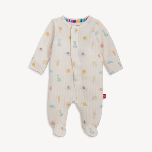 Pale pink striped magnetic footie with a nursery pattern.