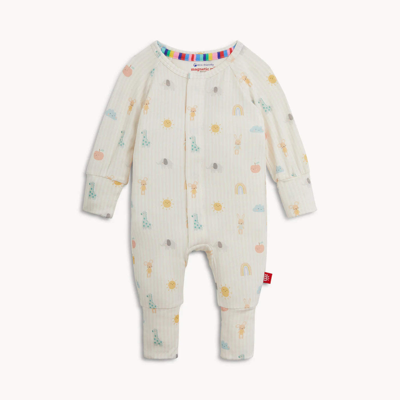 Pale pink striped coverall with a nursery pattern.