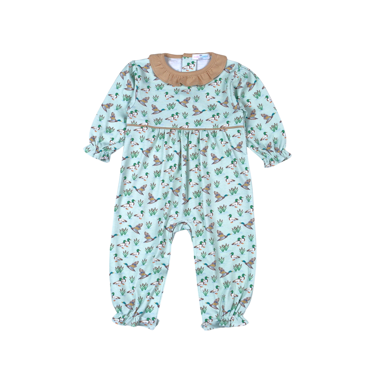 A baby long-sleeve footless romper in mint green with a brown and white dog print, featuring a tan ruffled collar 