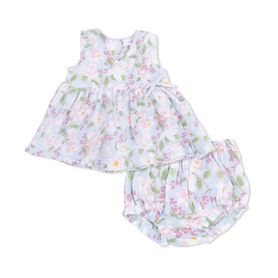 Light blue kimono style top with a magnolia pattern and matching bloomers.