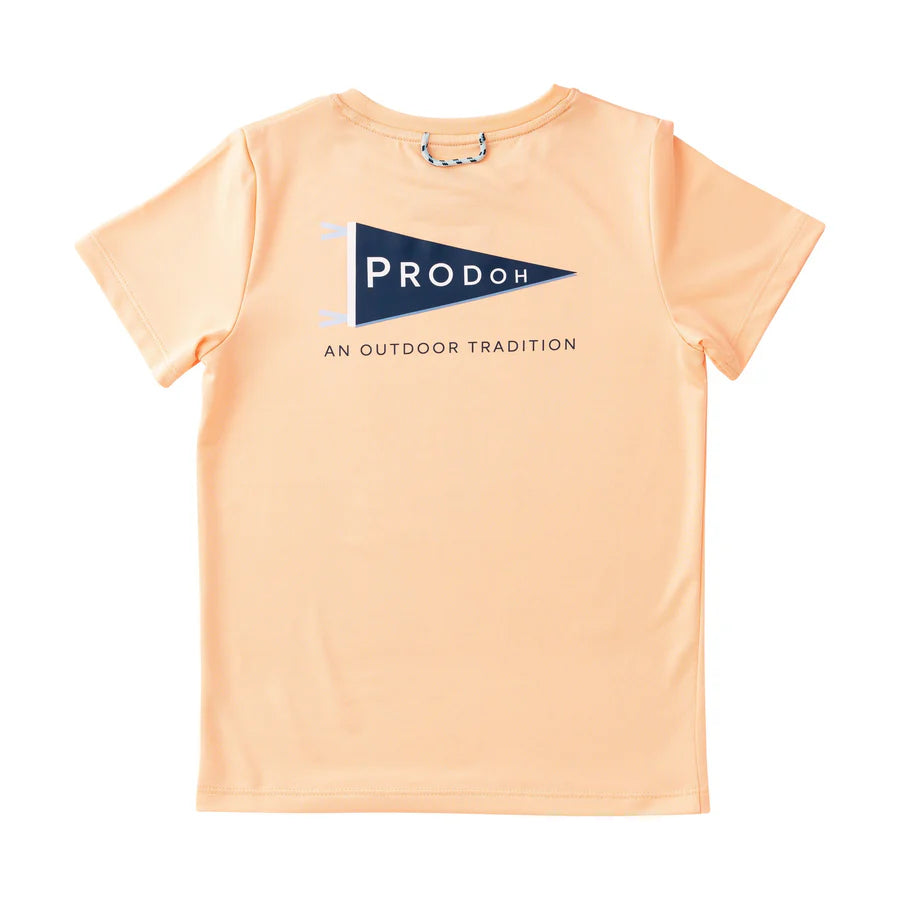 Peach short sleeve t-shirt with nautical pennant printed with PRODOH on the back and the words 'an outdoor tradition'.