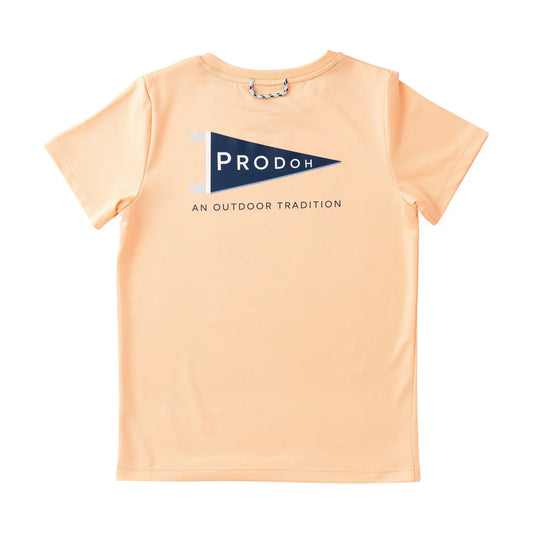 Peach short sleeve t-shirt with nautical pennant printed with PRODOH on the back and the words 'an outdoor tradition'.