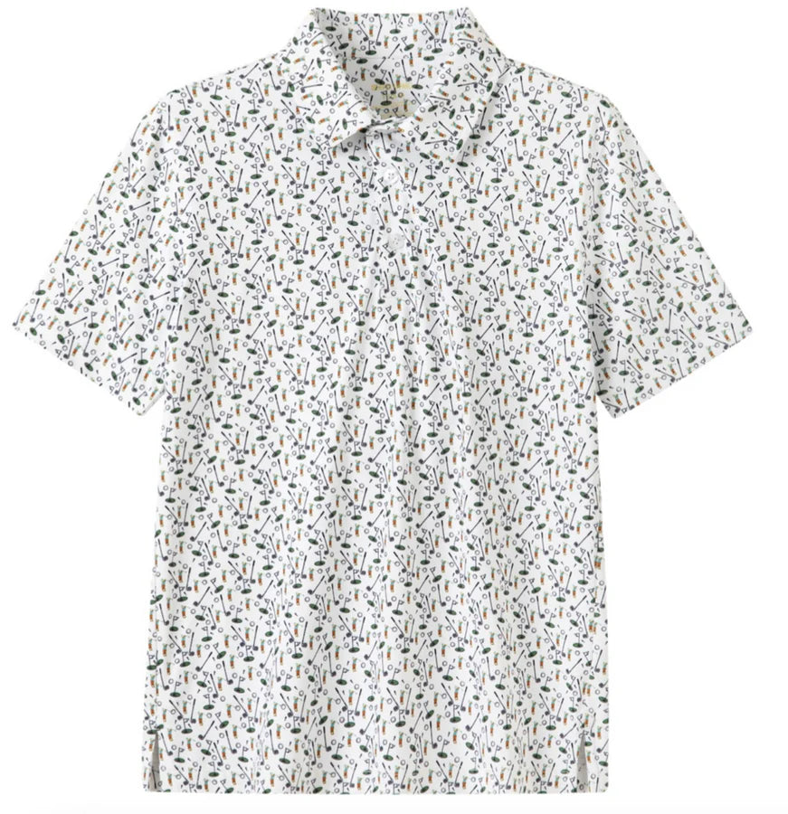 WHite polo shirt with golf pattern.