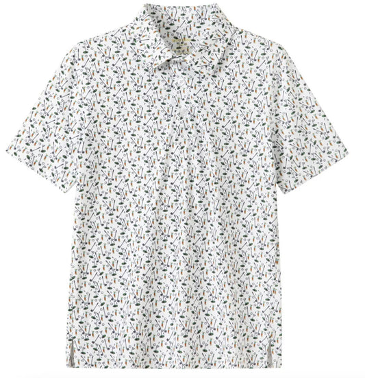 WHite polo shirt with golf pattern.