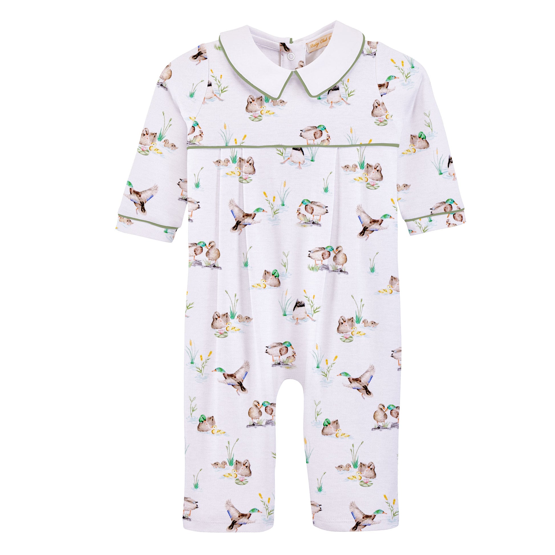 Baby romper with duck in pond print on a white background