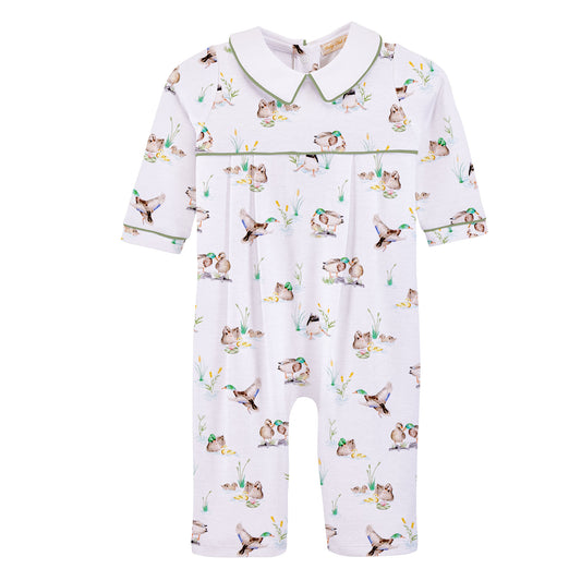 Baby romper with duck in pond print on a white background