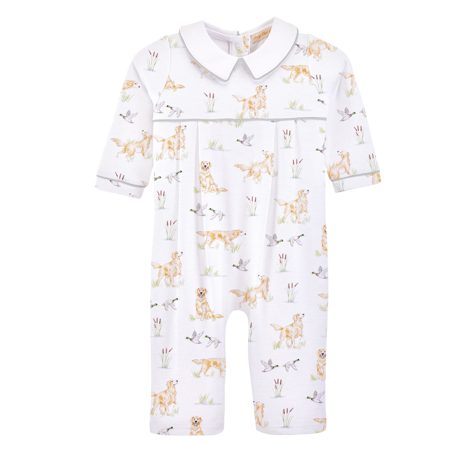 A baby long-sleeve footless romper in white, featuring an all-over print of golden retriever dogs, ducks, and birds. The romper has a white Peter Pan collar and is shown against a plain white background.