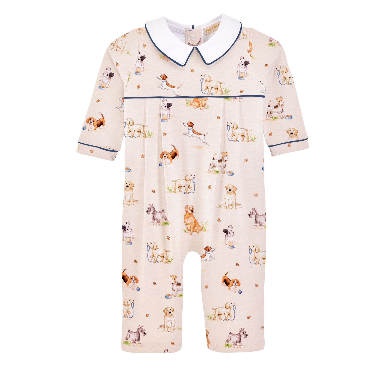 A baby's long-sleeve footless romper in a light cream color with a small dog print, featuring a white Peter Pan collar and a thin dark blue horizontal stripe across the chest.