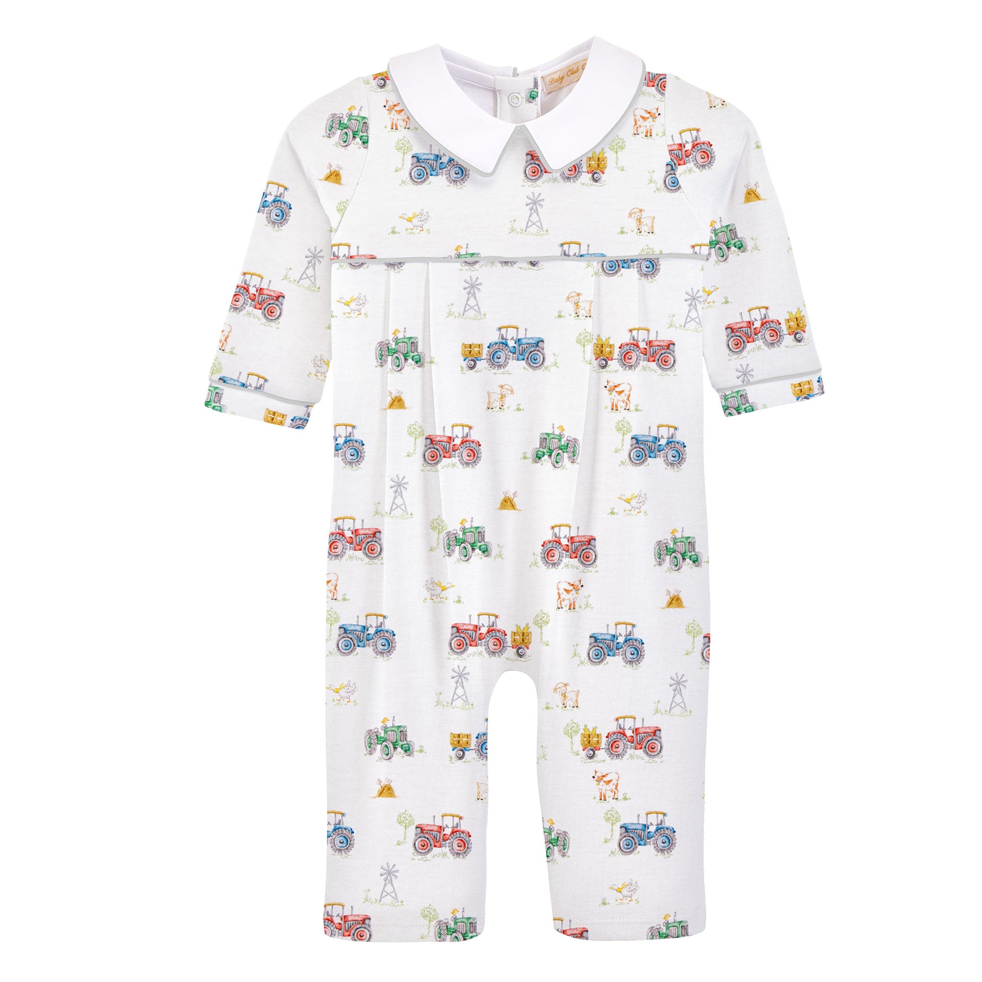 A baby long-sleeve romper in white with a colorful tractor and animal print, featuring a white collar and a decorative chest band.