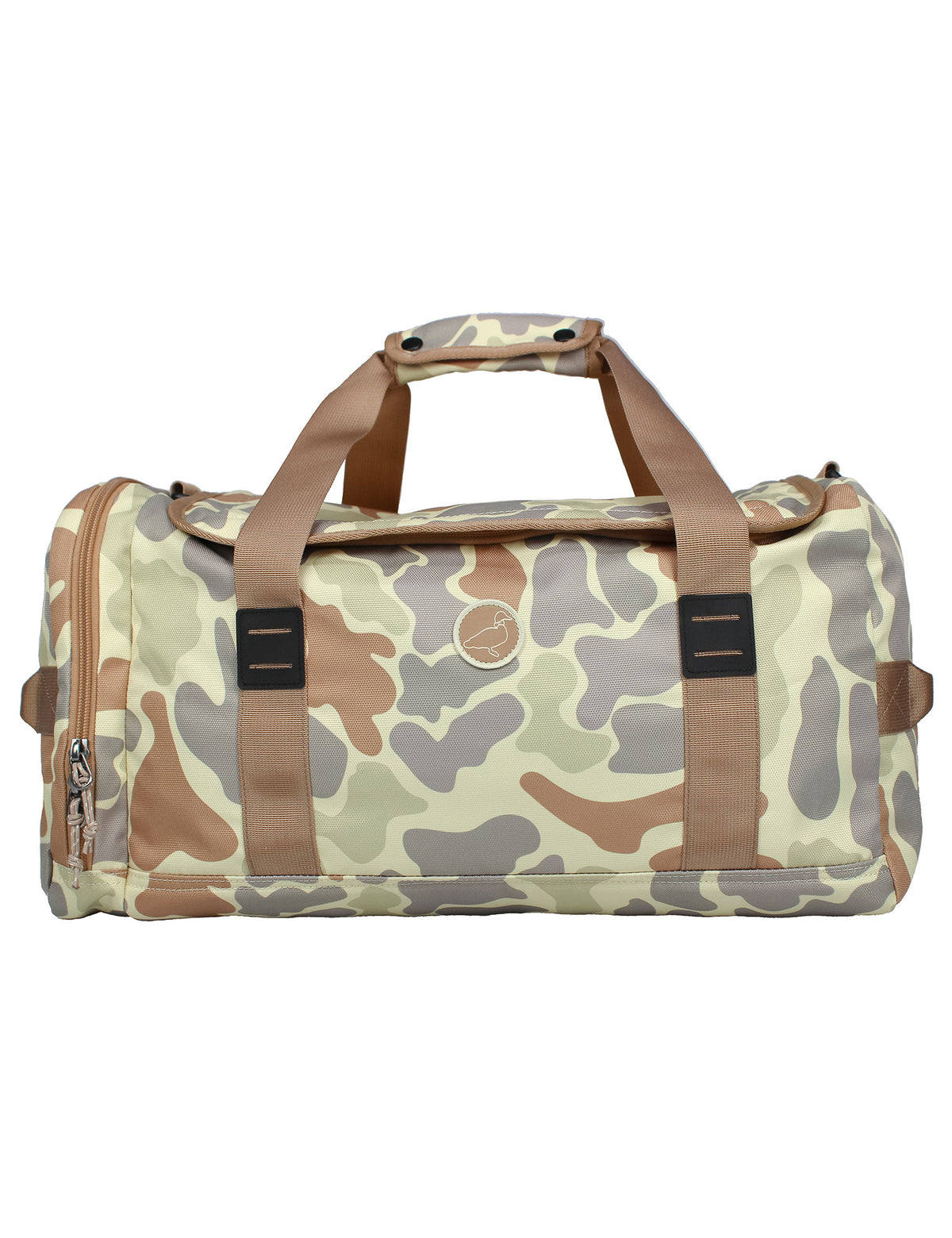 Camouflage duffel bag with brown leather straps on a white background