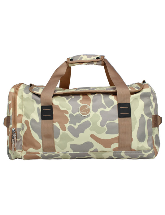 Camouflage duffel bag with brown leather straps on a white background