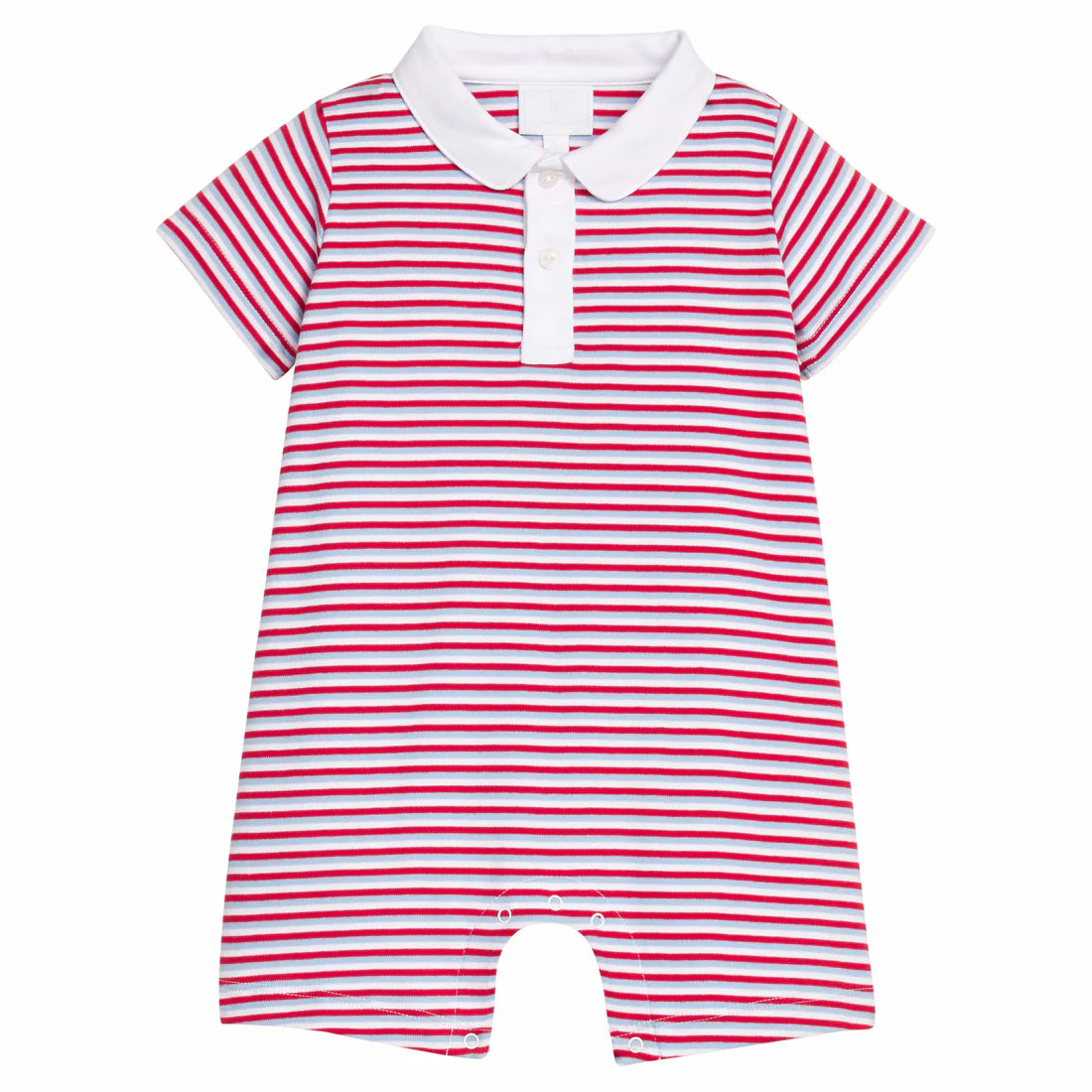 Peter pan collar polo romper in red white and blue stripes.
